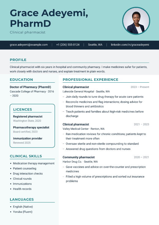 Clinical pharmacist resume template, Pharma Teal design