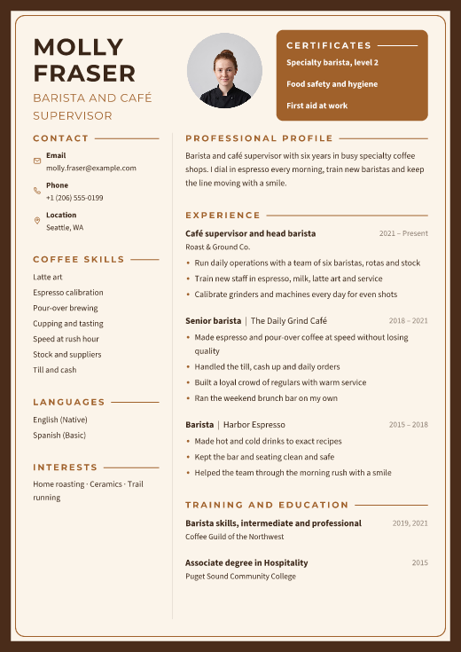 Barista and café supervisor resume template, Roast design