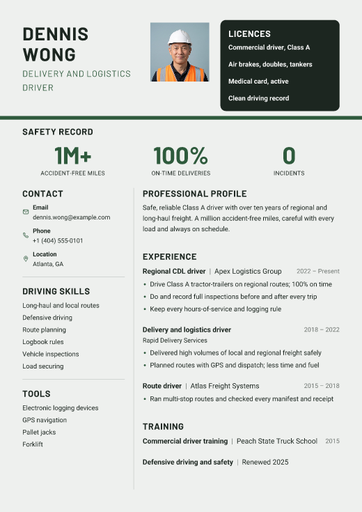 Delivery and logistics driver resume template, Route design