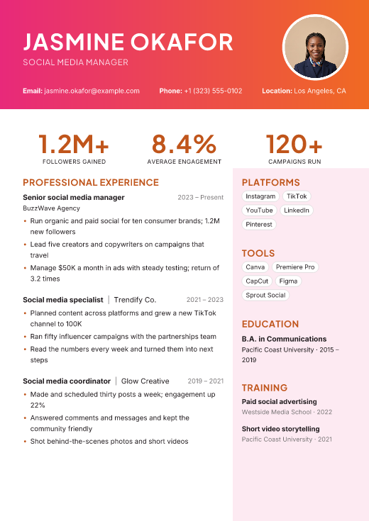 Social media manager resume template, Sunset design