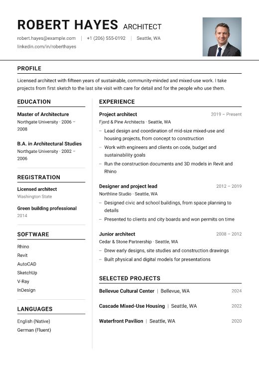 Architect resume template, Swiss Grid design