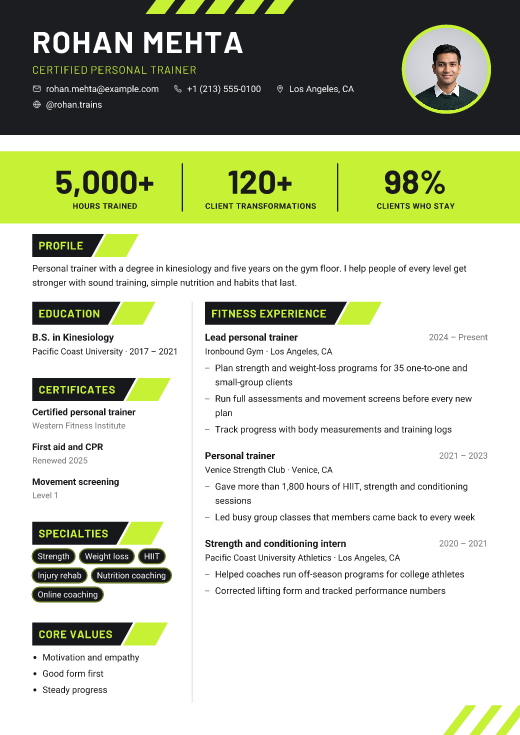 Certified personal trainer resume template, Volt design