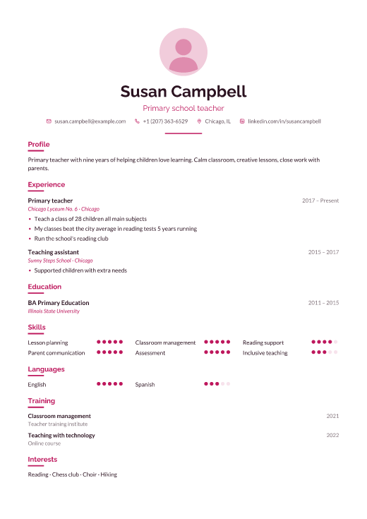 Primary school teacher resume template, Care design