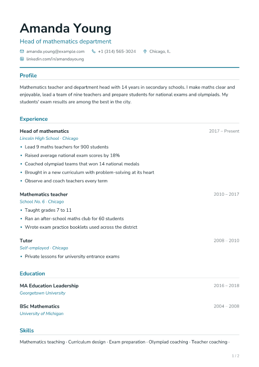 Head of mathematics department resume template, Clinic design, 2 pages