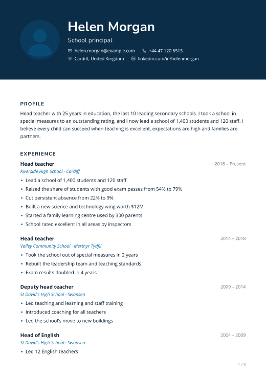 School principal resume template, Rounds design, 3 pages