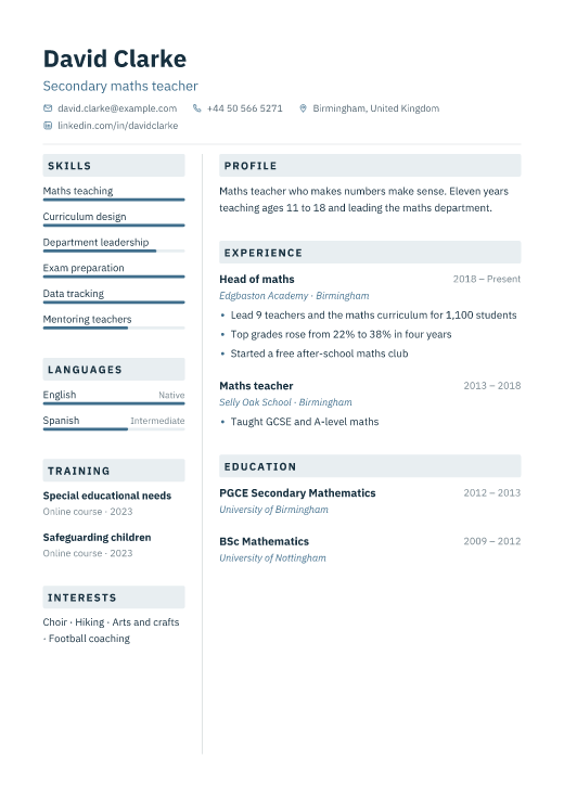 Secondary maths teacher resume template, Lab design