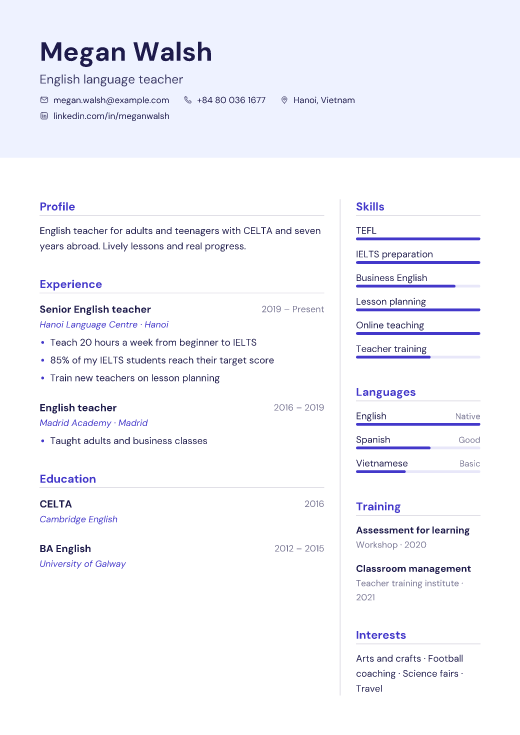 English language teacher resume template, Mercy design