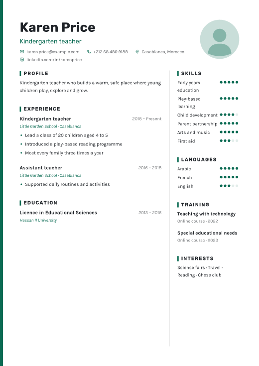 Kindergarten teacher resume template, Haven design