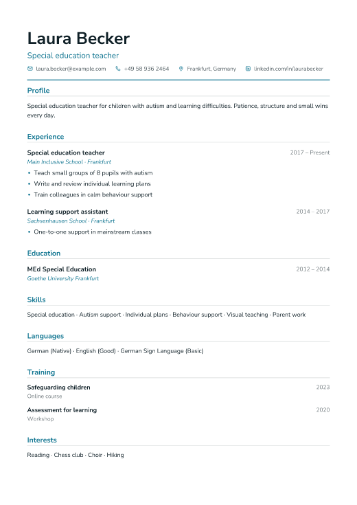 Special education teacher resume template, Clinic design
