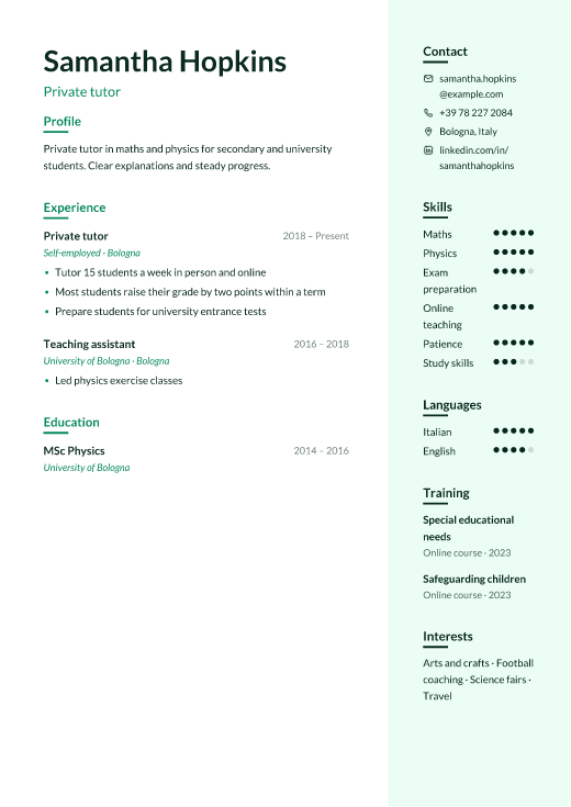 Private tutor resume template, Remedy design