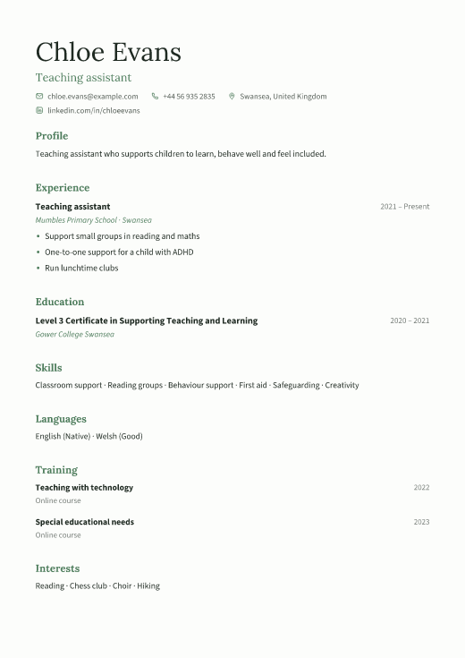 Teaching assistant resume template, Calm design