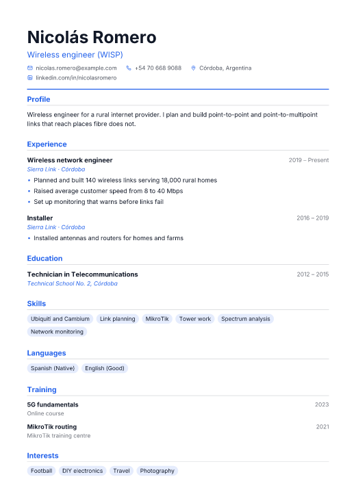 Wireless engineer (WISP) resume template, Commit design