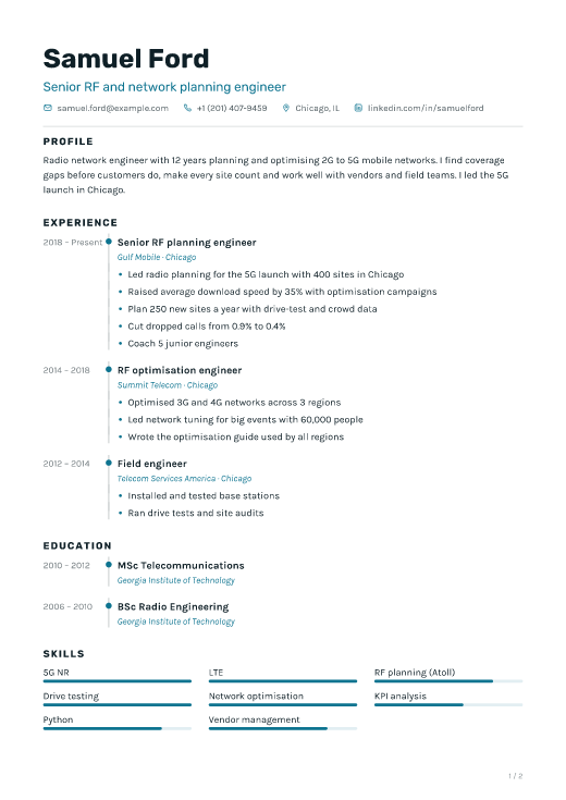 Senior RF and network planning engineer resume template, Signal design, 2 pages
