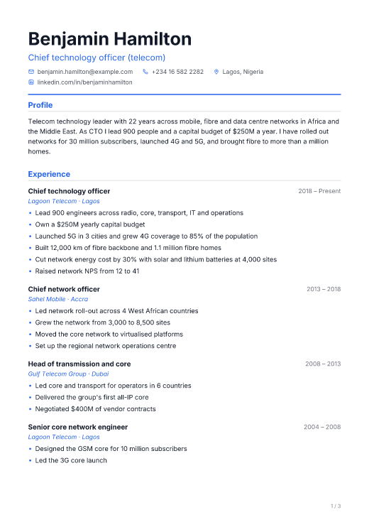Chief technology officer (telecom) resume template, Commit design, 3 pages