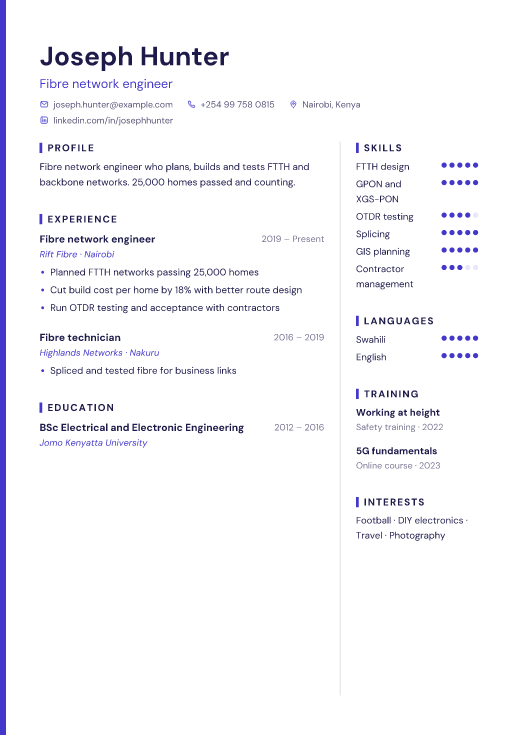 Fibre network engineer resume template, Pixel design