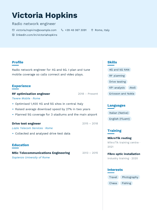 Radio network engineer resume template, Cloud design