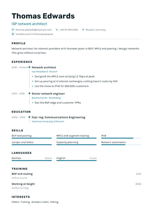 ISP network architect resume template, Signal design