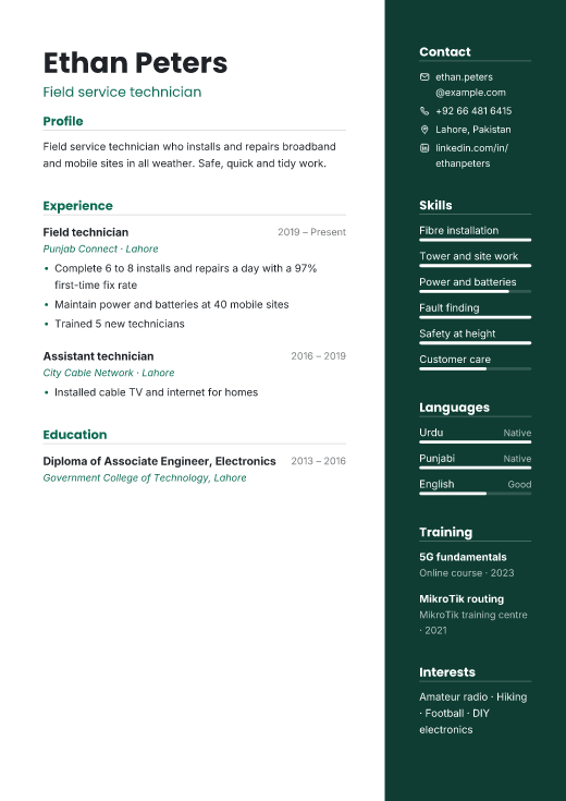 Field service technician resume template, Vector design
