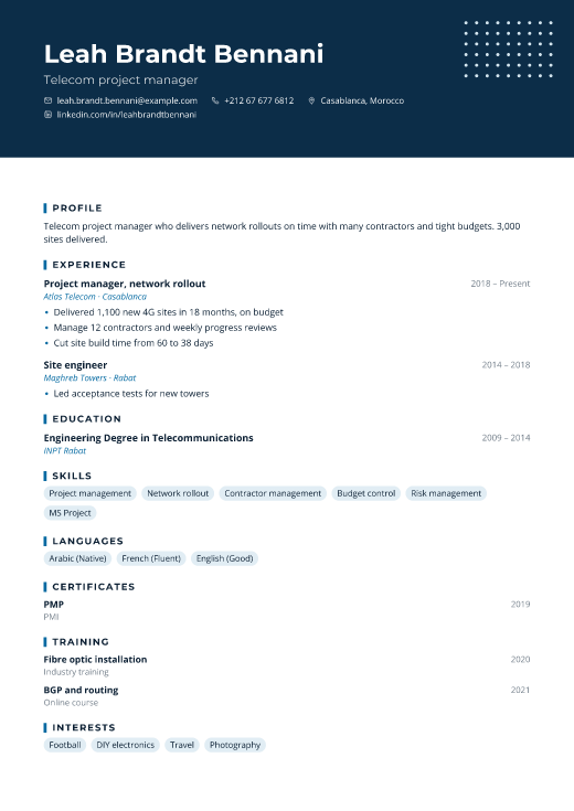 Telecom project manager resume template, Uptime design