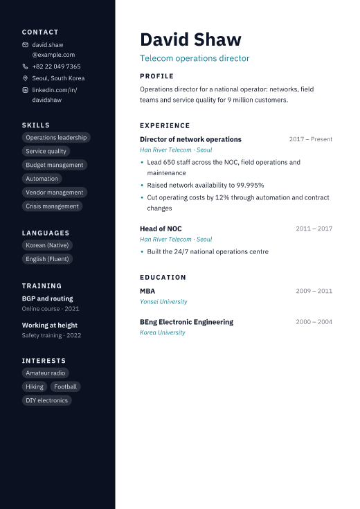 Telecom operations director resume template, Stack design
