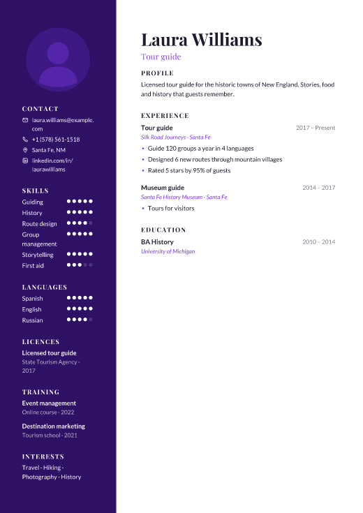 Tour guide resume template, Canvas design