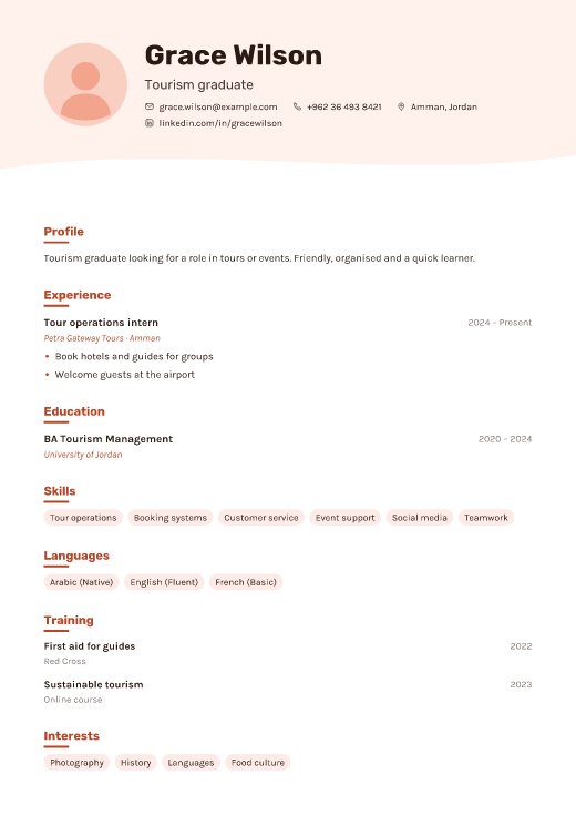Tourism graduate resume template, Studio design