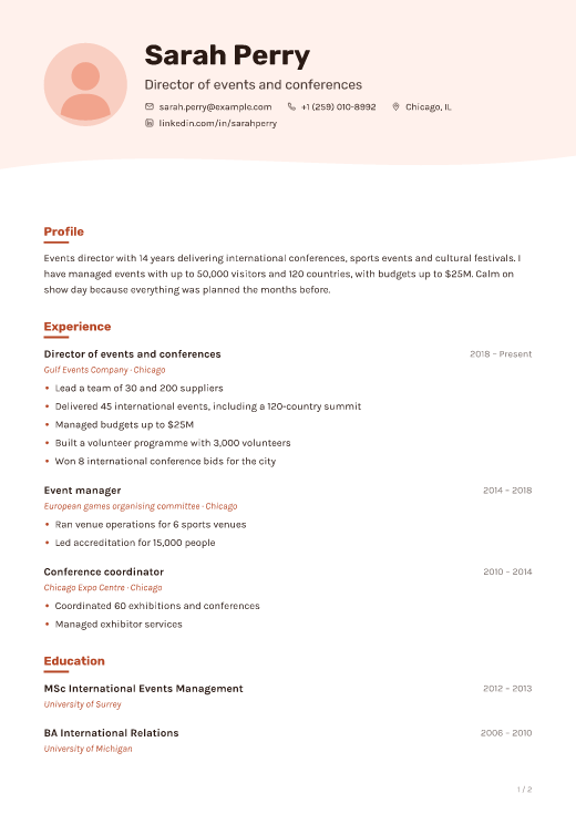 Director of events and conferences resume template, Studio design, 2 pages