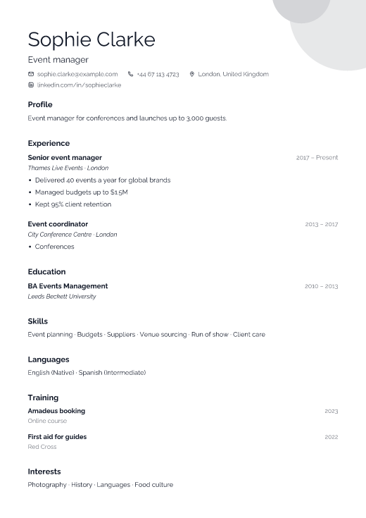 Event manager resume template, Gallery design