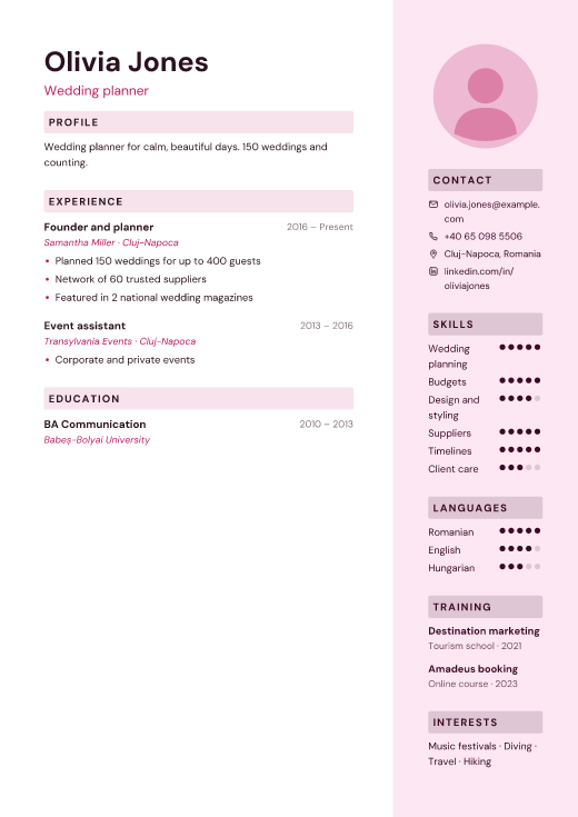 Wedding planner resume template, Palette design