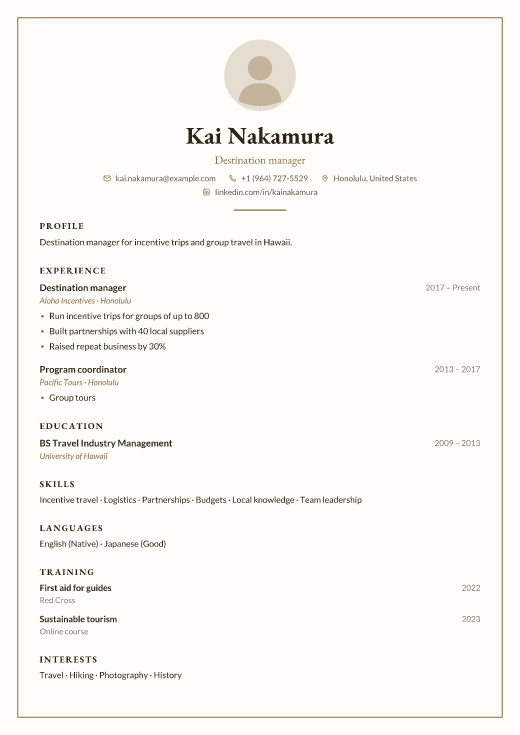 Destination manager resume template, Frame design