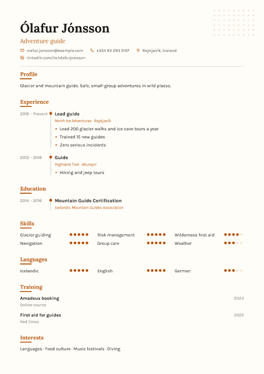 Adventure guide resume template, Sketch design