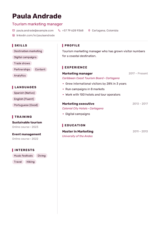 Tourism marketing manager resume template, Mosaic design