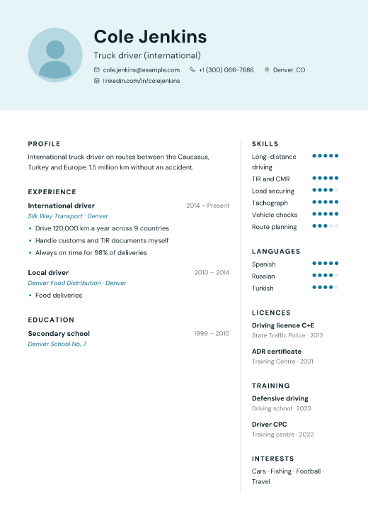 Truck driver (international) resume template, Crew design
