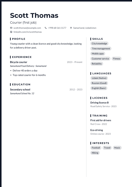 Courier (first job) resume template, Forge design