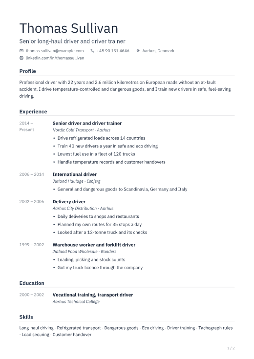 Senior long-haul driver and driver trainer resume template, Depot design, 2 pages