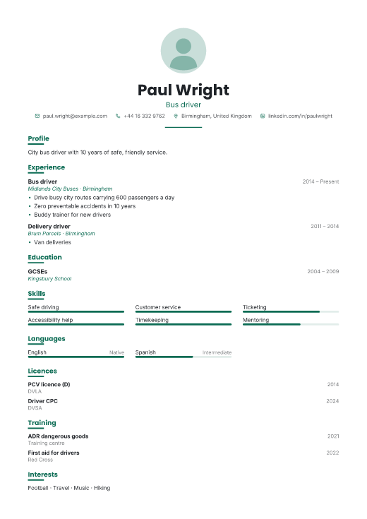 Bus driver resume template, Shift design