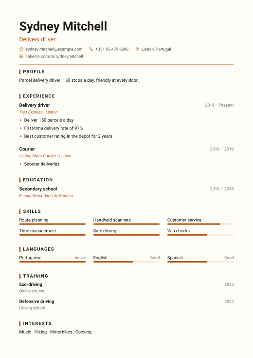 Delivery driver resume template, Workshop design
