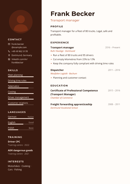 Transport manager resume template, Site design
