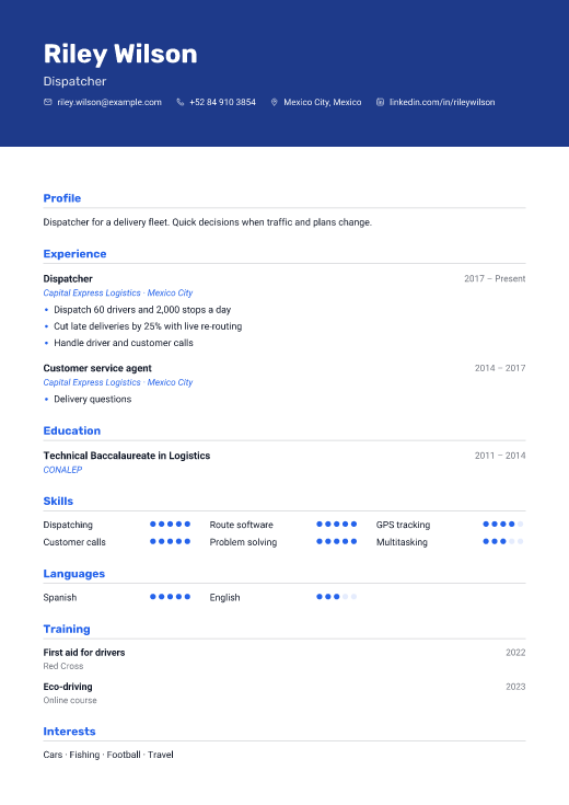 Dispatcher resume template, Route design