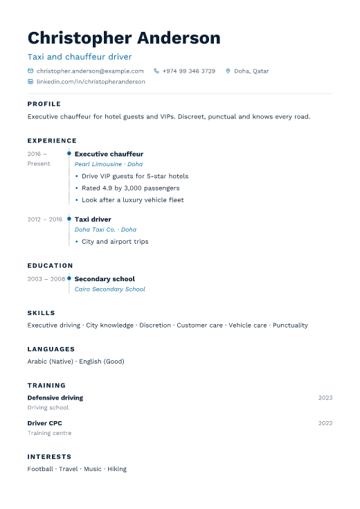 Taxi and chauffeur driver resume template, Harbour design