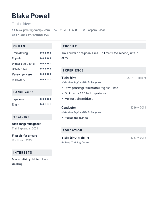 Train driver resume template, Toolbox design