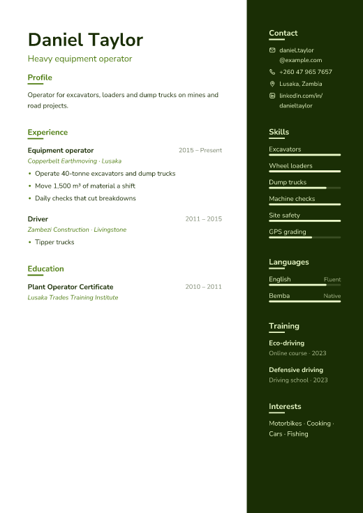 Heavy equipment operator resume template, Field design