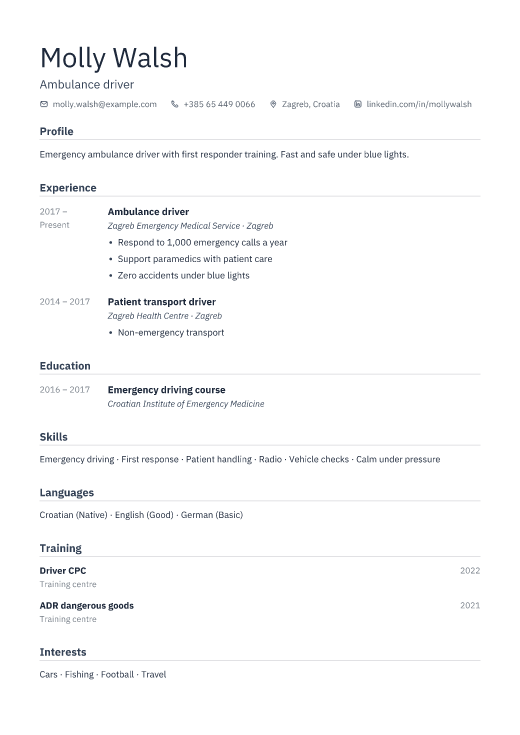 Ambulance driver resume template, Depot design