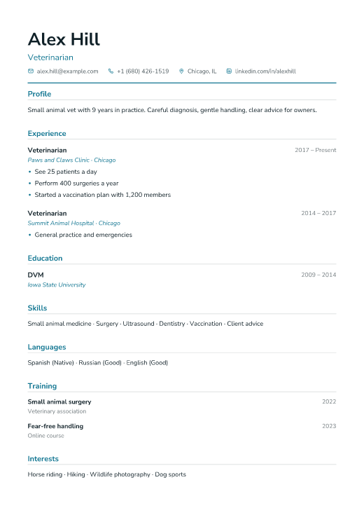 Veterinarian resume template, Clinic design