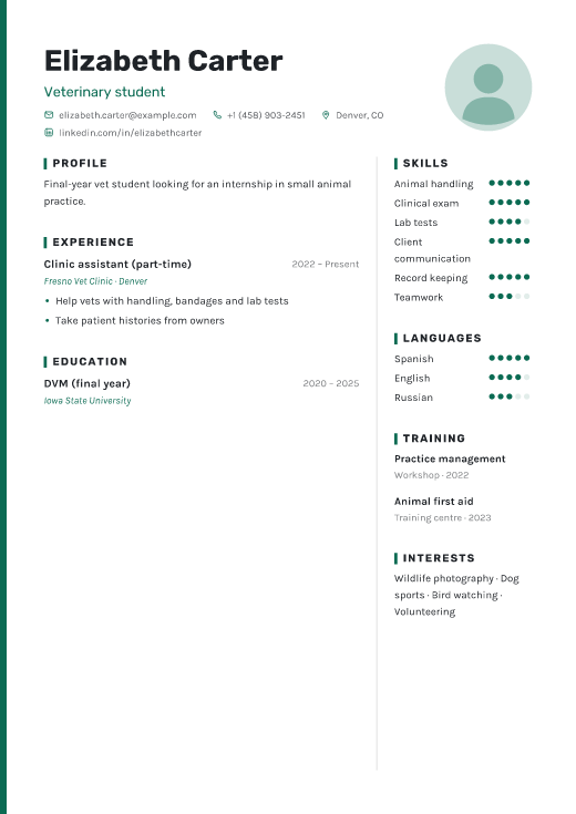 Veterinary student resume template, Haven design