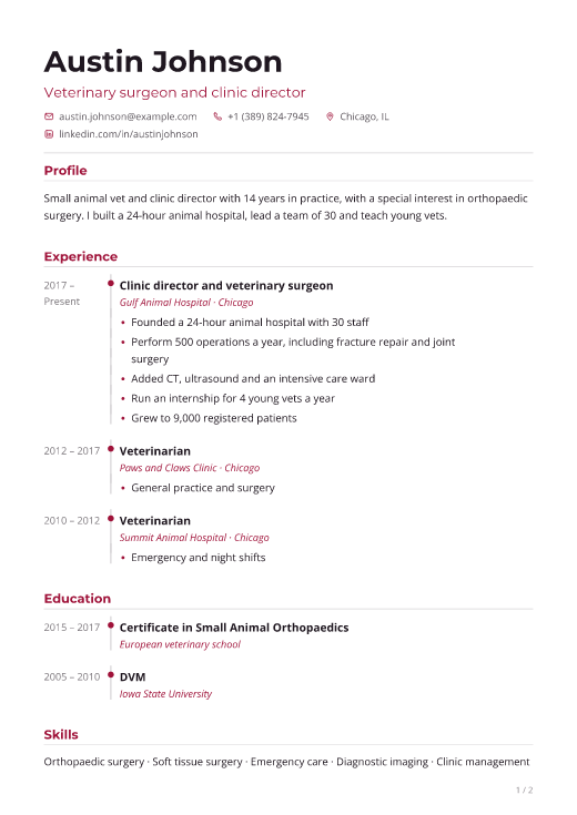 Veterinary surgeon and clinic director resume template, Pulse design, 2 pages