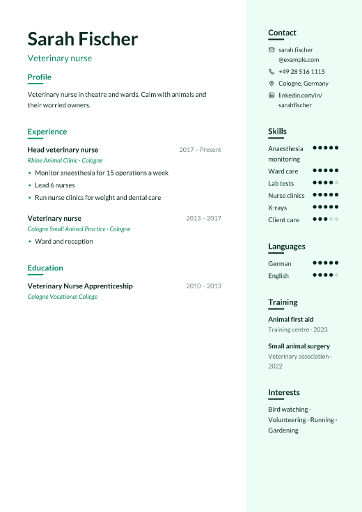 Veterinary nurse resume template, Remedy design