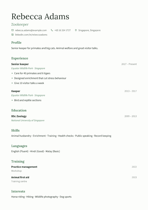 Zookeeper resume template, Calm design