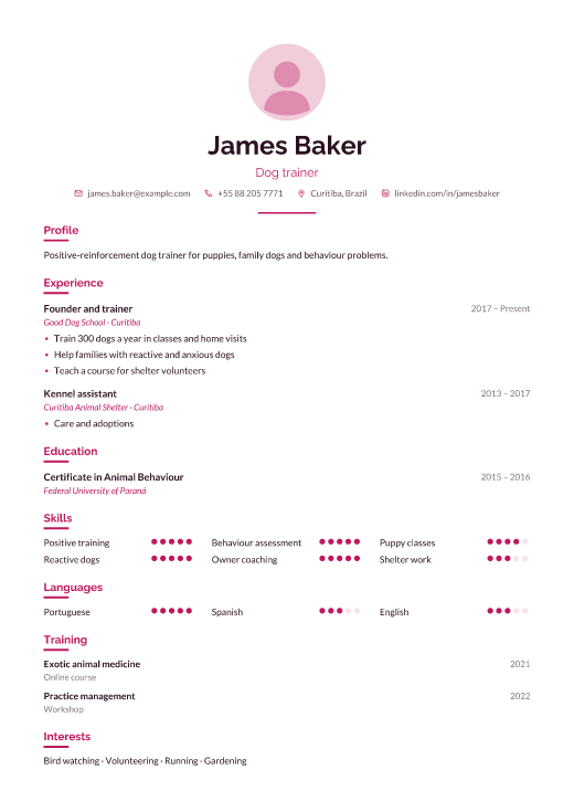 Dog trainer resume template, Care design