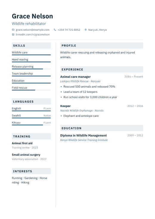 Wildlife rehabilitator resume template, Lab design